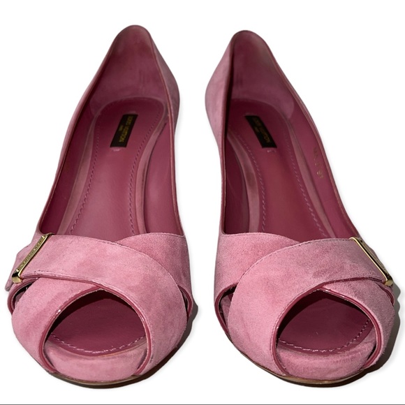 LOUIS VUITTON Pumps Pink Suede Crisscross Peep Toe Stiletto Heels Size 38.5 - Picture 3 of 16
